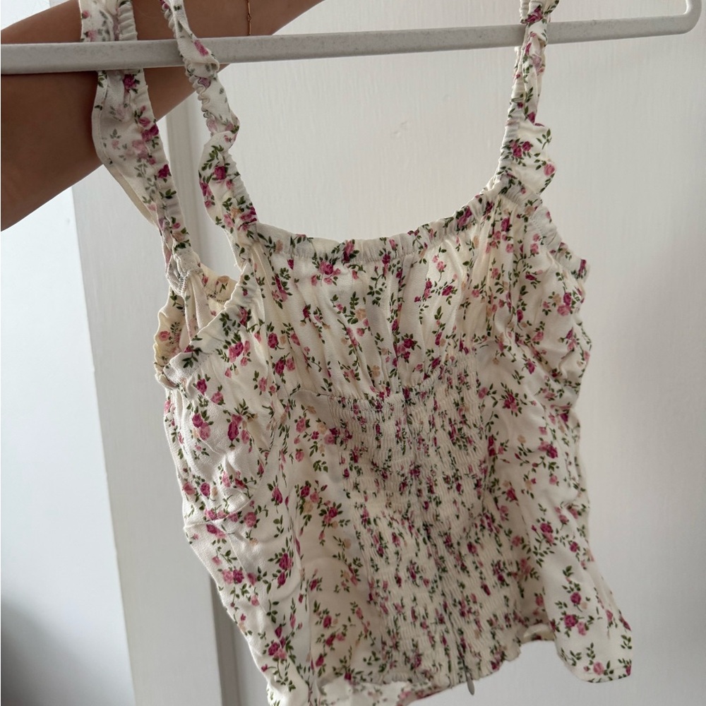 Reformation Pink and Cream Floral Smocked Camisole Top